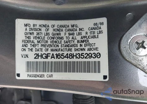 2008 Honda Civic Lx from USA, damaged, VIN 2HGFA16548H352930
